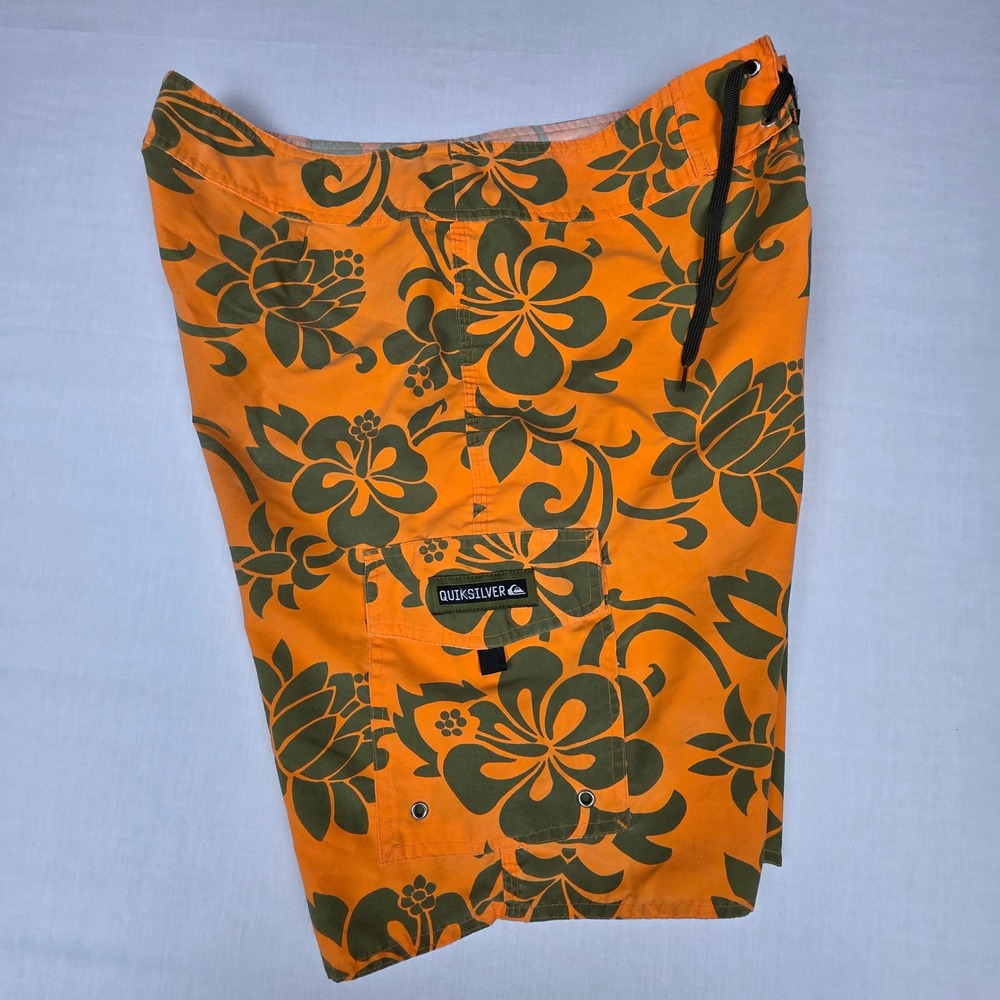 Quiksilver Mens Board Shorts Size 34 Orange Green Hibiscus Floral Swim Trunks